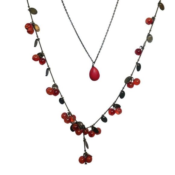 Vintage Cherry Red Ball Beaded Brass Y-Drop Layered Statement Necklace Set 28” - Picture 2 of 5